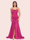 Sexy Backless Mermaid Spaghetti Straps Long Soft Satin Bridesmaid Dresses With Slit