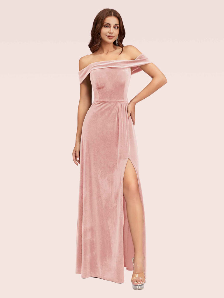 Elegant Stretch Velvet Off Shoulder Side Slit Long Bridesmaid Dresses Online