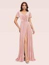 Elegant Velvet V-neck Side Slit Short Sleeves Long Evening Prom Dresses Online
