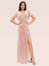 Sexy Bat Sleeves V-neck Long Stretch Velvet Bridesmaid Dresses With Slit