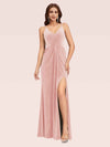 Sexy Spaghetti Strap V-Neck Long Velvet Bridesmaid Dress With Slit