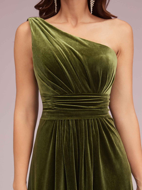Elegant One Shoulder Long A-line Velvet Bridesmaid Dresses Online