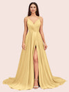 Elegant Spaghetti Straps V-neck Long Soft Satin Side Slit Bridesmaid Dresses