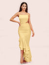 Sexy Unique Mermaid Spaghetti Straps Asymmetrical Soft Satin Formal Prom Dresses