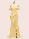 Sexy Off Shoulder Ruffles Long Soft Satin Party Prom Dresses With Slit