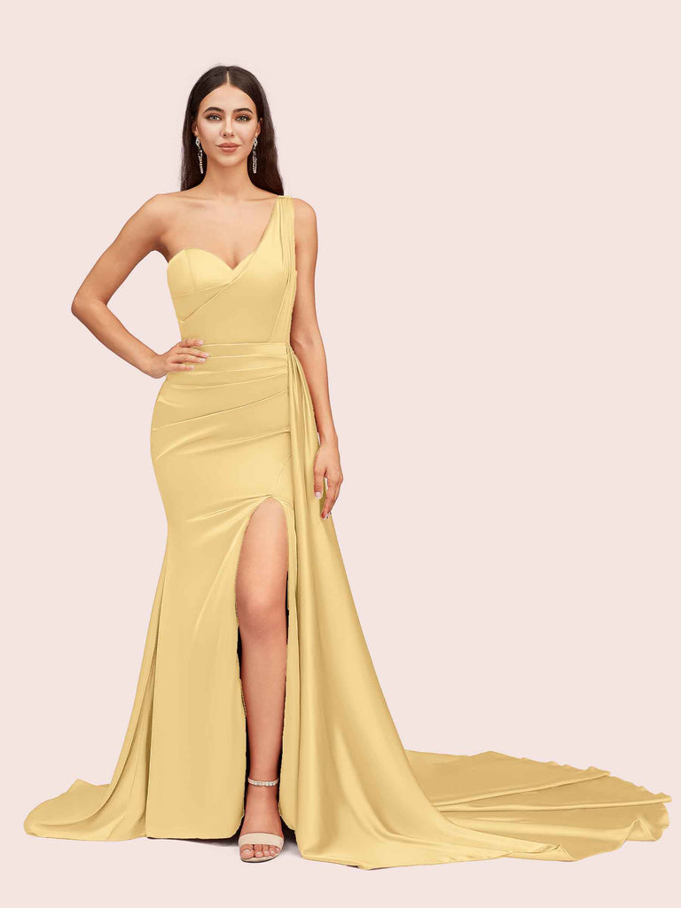 Sexy Mermaid One Shoulder Long Soft Satin Side Slit Bridesmaid Dresses Sexy Mermaid One Shoulder Long Soft Satin Side Slit Bridesmaid Dresses