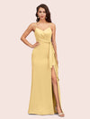 Sexy Spaghetti Straps V-neck Long Mermaid Satin Bridesmaid Dresses With Slit