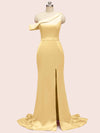 Sexy Side Slit Mermaid One Shoulder Long Silky Satin Formal Prom Dresses