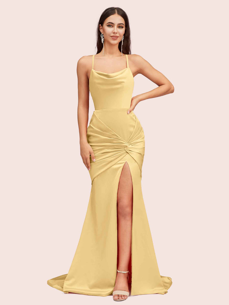 Sexy Backless Mermaid Spaghetti Straps Scoop Long Soft Satin Bridesmaid Dresses With Slit Sexy Backless Mermaid Spaghetti Straps Scoop Long Soft Satin Bridesmaid Dresses With Slit
