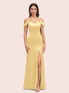 Sexy Cold Shoulder V-Neck Side Slit Mermaid Long Soft Satin Evening Prom Dresses