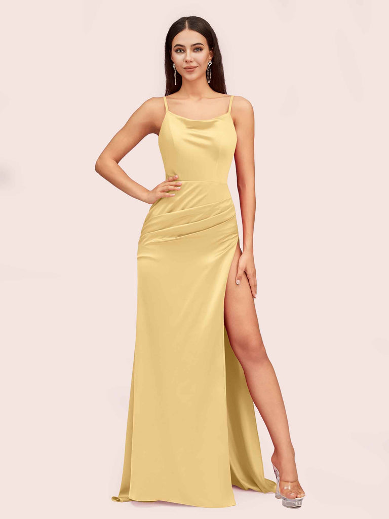 Sexy Spaghetti Straps Mermaid Long Soft Satin Graduation Prom Dresses With Slit Sexy Spaghetti Straps Mermaid Long Soft Satin Graduation Prom Dresses With Slit