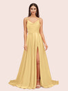 Elegant A-line Spaghetti Straps Long Silky Satin Evening Prom Dresses With Slit