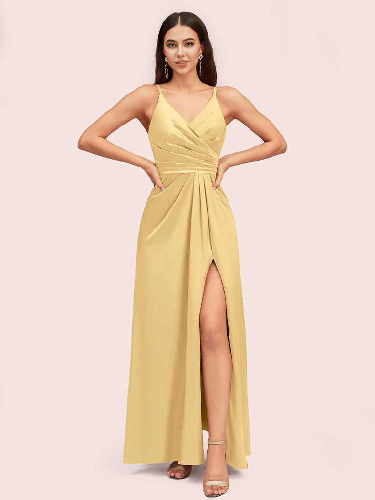 Modern Spaghetti Straps V-neck Side Slit Long Satin Party Prom Dresses With Slit