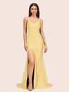 Simple Mermaid Spaghetti Straps Side Slit Long Soft Satin Formal Prom Dresses 2023