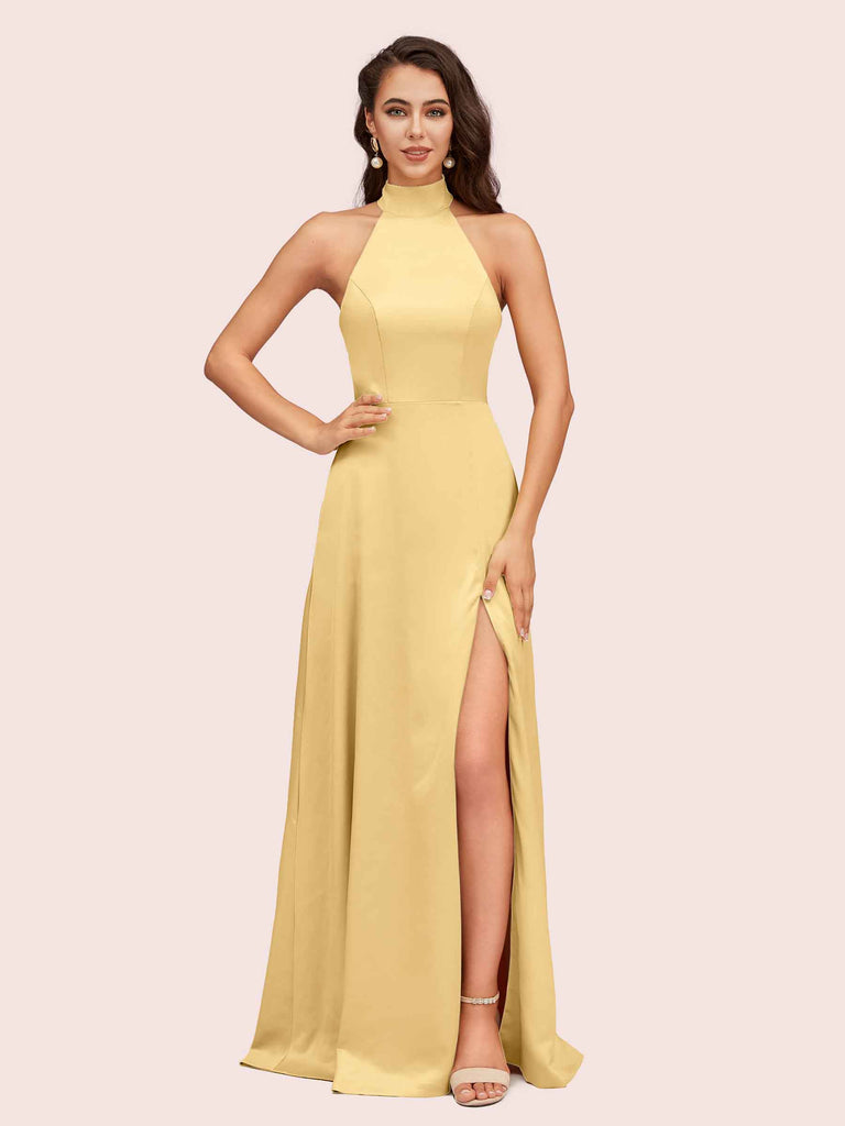 Elegant A-line High Neck Long Side Split Long Soft Satin Bridesmaid Dresses Elegant A-line High Neck Long Side Split Long Soft Satin Bridesmaid Dresses