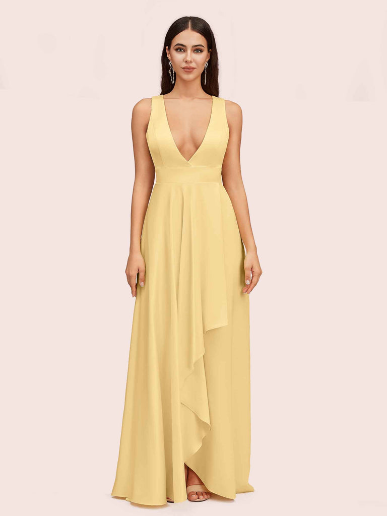 Elegant A-Line V-Neck Long Soft Satin Evening Prom Dresses Online