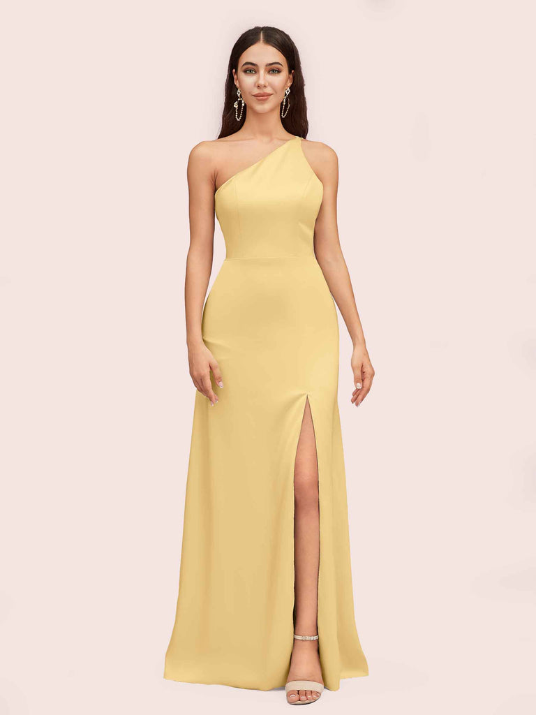 Simple Silky Satin One Shoulder Long Side Slit Bridesmaid Dresses Online Simple Silky Satin One Shoulder Long Side Slit Bridesmaid Dresses Online