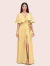 Elegant Bat Sleeves V-neck Side Slit Long Soft Satin Bridesmaid Dresses