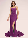 Sexy Backless Spaghetti Straps Side Slit Stretchy Jersey Long Mermaid Bridesmaid Dresses