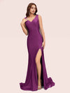 Sexy Backless V-neck Side Slit Stretchy Jersey Long Mermaid Bridesmaid Dresses