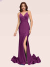 Sexy Backless Spaghetti Straps V-neck Side Slit Stretchy Jersey Long Mermaid Prom Dresses