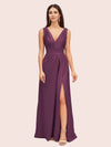 Sexy V-neck Long Side Slit Silk Satin Evening Prom Dresses Online
