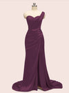 Sexy One Shoulder Long Soft Satin Mermaid Party Prom Dresses With Slit