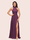 Elegant A-line High Neck Long Side Split Long Soft Satin Bridesmaid Dresses For Sale