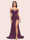 Sexy Side Slit Off Shoulder Long Silky Satin Mermaid Formal Prom Dresses Online