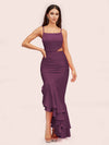 Sexy Unique Mermaid Spaghetti Straps Asymmetrical Soft Satin Formal Prom Dresses