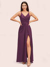 Modern Spaghetti Straps V-neck Side Slit Long Satin Bridesmaid Dresses With Slit