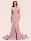 Sexy Halter V-neck Side Slit Stretchy Jersey Long Mermaid Bridesmaid Dresses