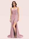 Sexy Spaghetti Straps V-neck Side Slit Stretchy Jersey Long Mermaid Bridesmaid Dresses For Sale