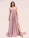 Sexy Side Slit Spaghetti Straps V-neck Jersey Long Bridesmaid Dresses Online