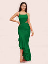 Sexy Unique Mermaid Spaghetti Straps Asymmetrical Soft Satin Bridesmaid Dresses