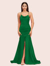 Sexy Backless Mermaid Spaghetti Straps Long Soft Satin Prom Dresses With Slit