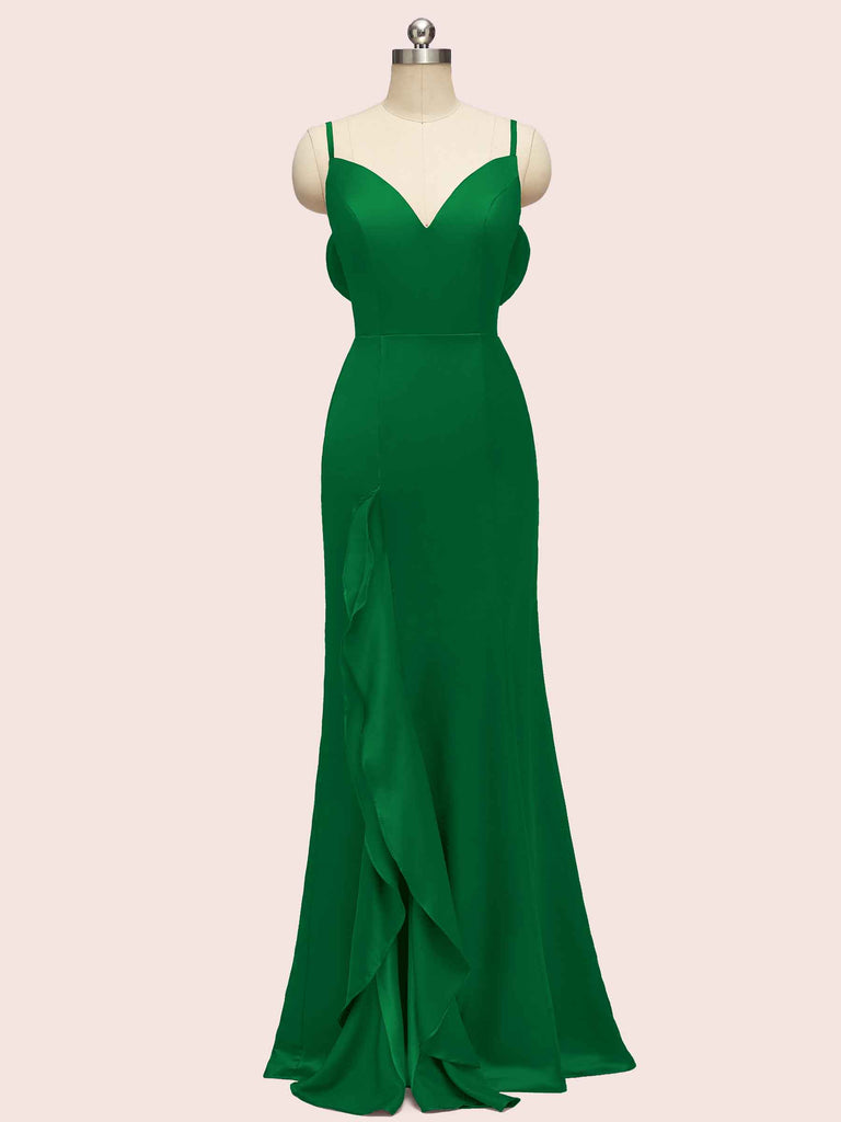 Sexy Mermaid Spaghetti Strap V-neck Long Soft Satin Bridesmaid Dresses Online