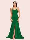 Sexy Backless Mermaid Spaghetti Straps Long Soft Satin Bridesmaid Dresses With Slit