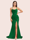 Sexy Backless Mermaid Spaghetti Straps Cowl Long Satin Formal Prom Dresses With Slit