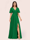 Elegant A-line V-neck Short Sleeves Long Bridesmaid Dresses With Slit