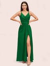 Modern Spaghetti Straps V-neck Side Slit Long Satin Party Prom Dresses With Slit