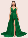 Elegant Spaghetti Straps V-neck Long Soft Satin Side Slit Bridesmaid Dresses