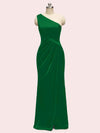 Elegant One Shoulder Long Soft Satin Mermaid Evening Prom Dresses With Slit