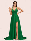 Elegant A-line Spaghetti Straps Long Soft Satin Bridesmaid Dresses With Slit For Sale