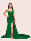 Sexy Mermaid One Shoulder Long Soft Satin Side Slit Evening Prom Dresses Online
