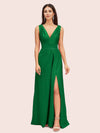 Sexy V-neck Long Side Slit Silk Satin Evening Prom Dresses Online
