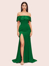 Elegant Soft Satin Off Shoulder Long Mermaid Graduation Prom Dresses With Slit