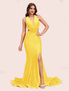 Sexy Mermaid Side Slit Deep V-neck Stretchy Jersey Long Party Prom Dresses Online