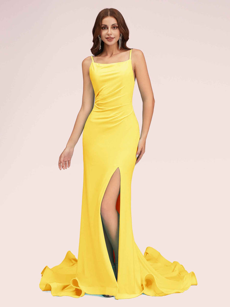 Sexy Backless Spaghetti Straps Side Slit Stretchy Jersey Long Mermaid Prom Dresses