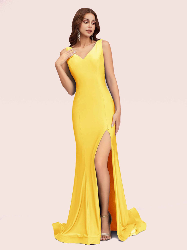 Sexy Backless V-neck Side Slit Stretchy Jersey Long Mermaid Bridesmaid Dresses